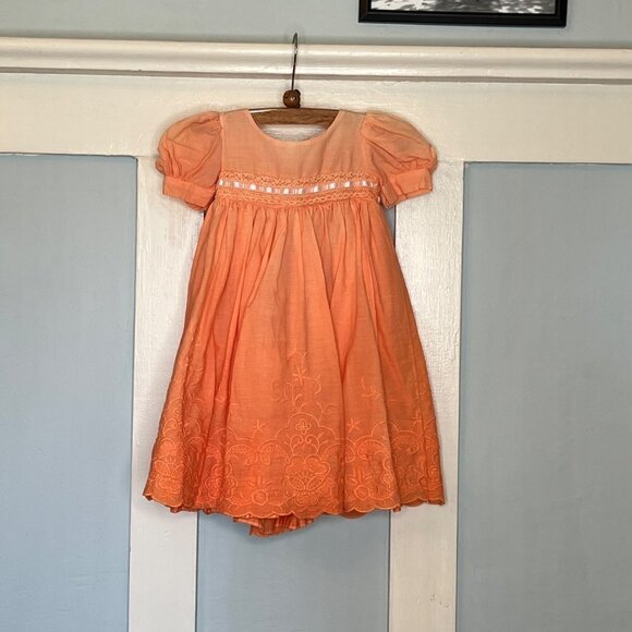 Custom Dyed Orange Ombre Dress with Lace & Ribbon Trim Skinny Sash & Bonnet - Picture 5 of 7